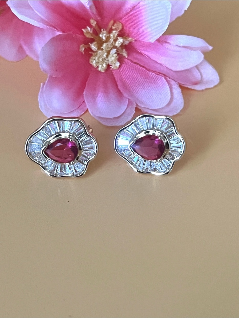 Elegant Gold plated and ruby Red Teardrop Earrings
